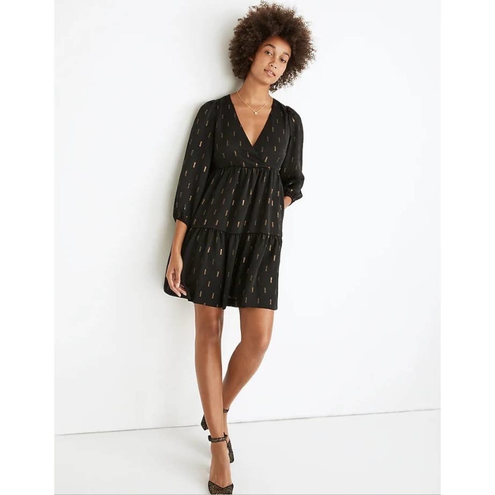 Madewell Black & Gold Metallic Jacquard Faux Wrap Tiered Mini Dress XL NWT - Picture 2 of 16